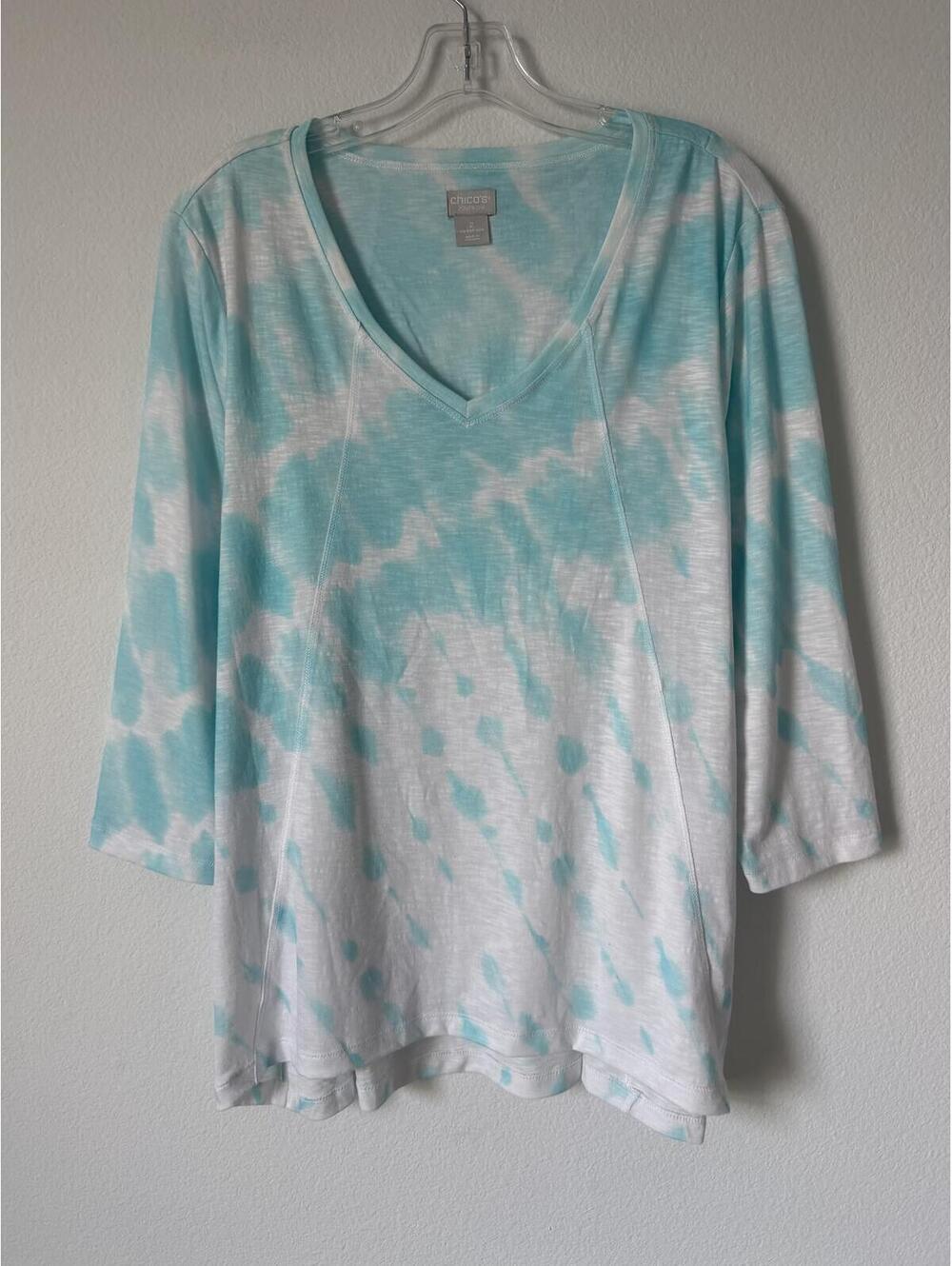 Chico’s 3/4 Sleeve V-Neck Hi-Low Blue White Tie Dye Blouse Size 2 (12/14)